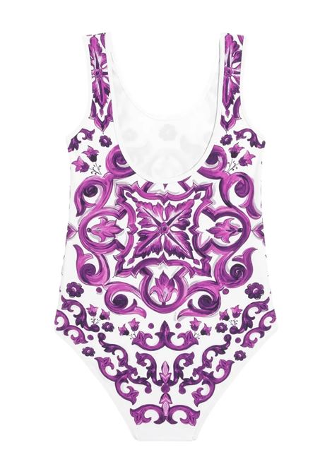 One-Piece Swimsuit with Purple Maiolica Print DOLCE & GABBANA KIDS | L5J812-ON07UI23TN